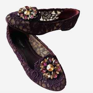 DOLCE & GABBANA Black Taormina Lace Crystal Loafers Women's Shoes size 37